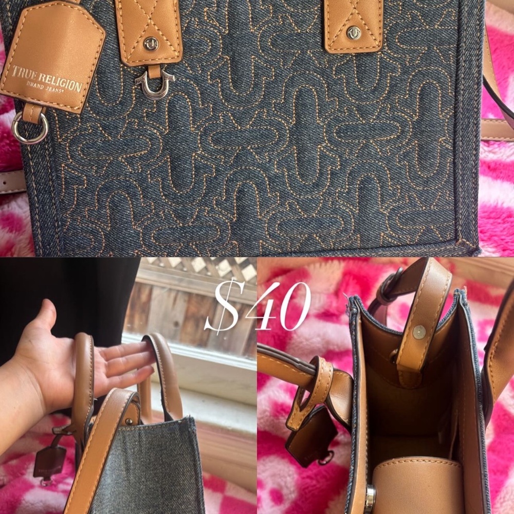 True Religion Blue and Tan Tote Bag with Structured Design